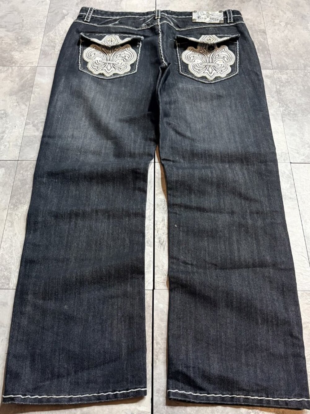 Raw Blue Fleur De Lis Jeans 36x32 Black Baggy
